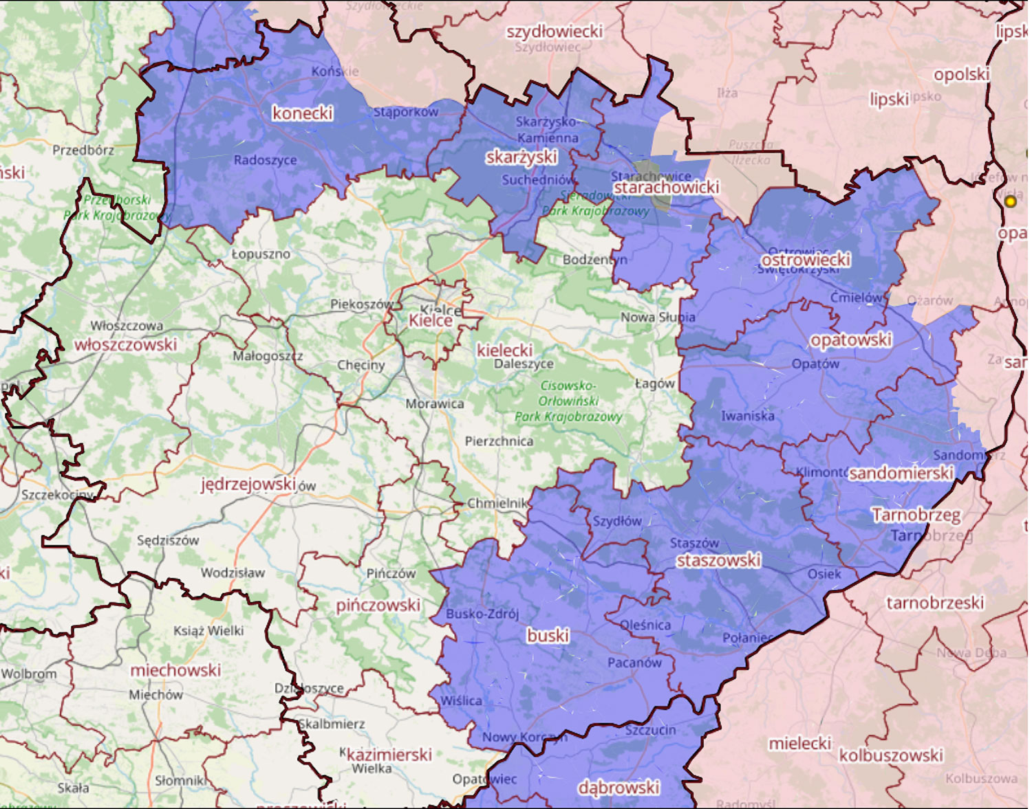 Mapa regionalizacji ograniczeń związanych z ASF w województwie świętokrzyskim / źródło: Wojewódzki Inspektorat Weterynarii w Kielcach