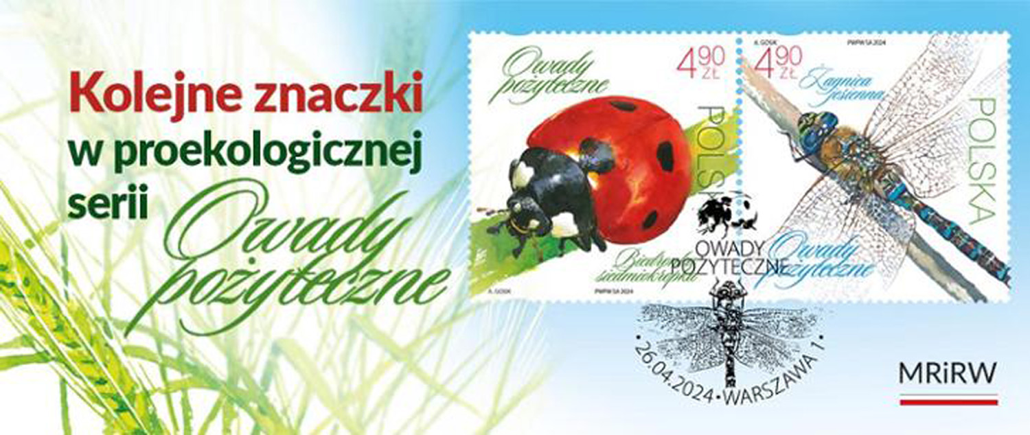 Żagnica jesienna i biedronka siedmiokropka na znaczkach pocztowych
