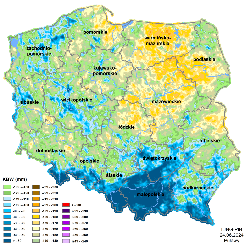 Mapa obrazująca suszę w Polsce w czerwcu 2024 / źródło IUNG