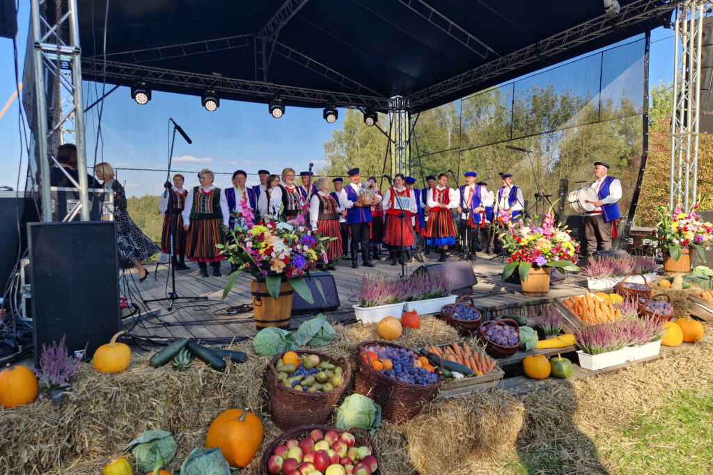 Występ Zespołu Pieśni i Tańca „Piekoszowianie” na scenie w Parku Etnograficznym w Tokarni. / Fot. Marzena Smoręda - Radio Kielce